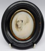 English School (19th century): Portrait of a Lady with a Bonnet, oval miniature on ivory unsigned 7c