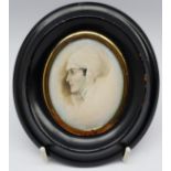 English School (19th century): Portrait of a Lady with a Bonnet, oval miniature on ivory unsigned 7c