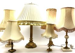 Brass fluted column table lamp with 'jewelled' circular base H66cm, another with brass and onyx colu