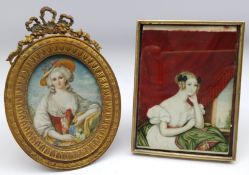 English School (19th century): Fashionable Ladies, two portrait miniatures max 11cm x 8cm (2)