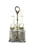 Early 20th century silver-plated three division decanter stand with loop handle, pierced sides and f