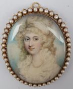 After Richard Cosway (British 1740-1821): 'Miss Maund', miniature portrait in gold frame with split