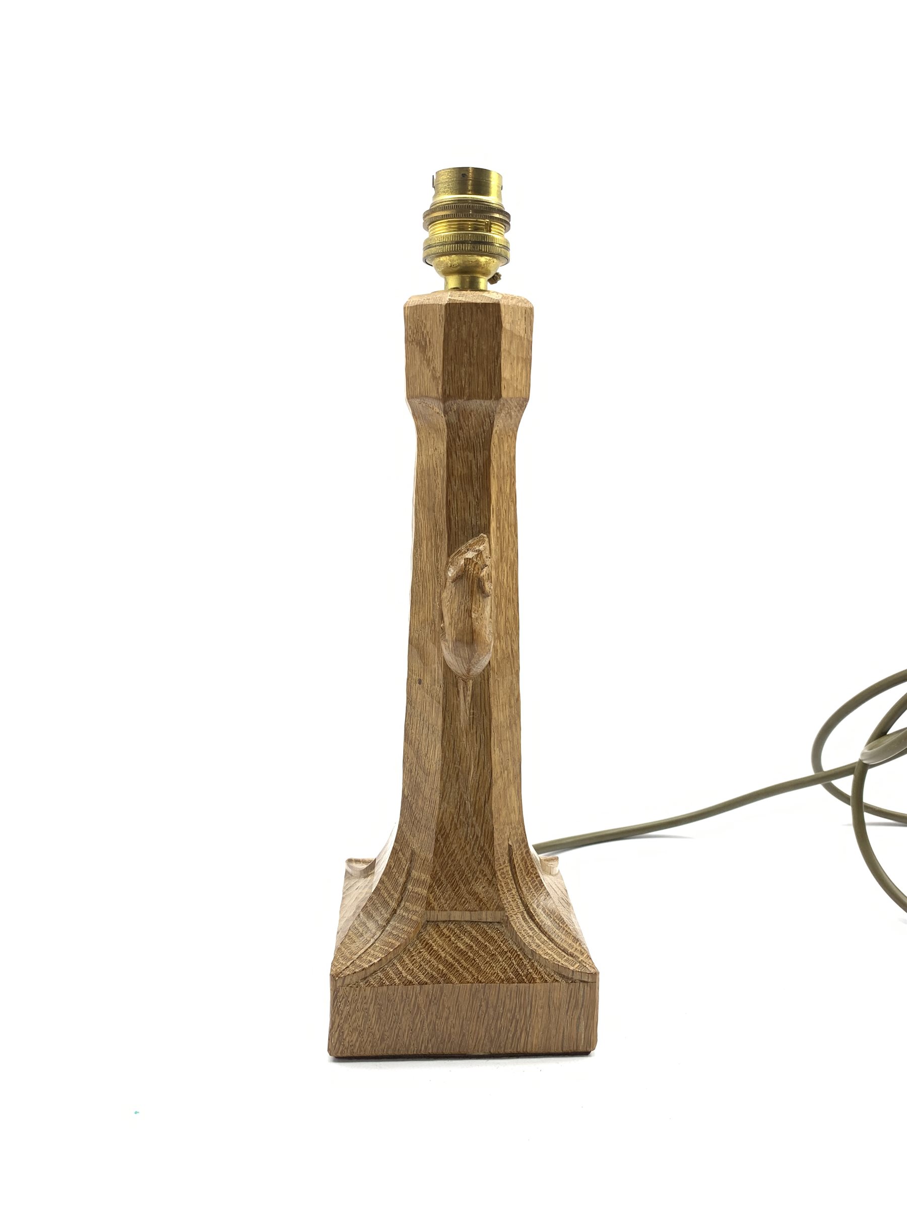 Thompson of Kilburn 'Mouseman' adzed oak table lamp with octagonal stem on a leaf carved square base - Image 2 of 5