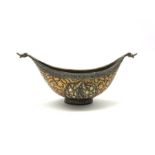 19th century Continental carved wooden kovsh or Beggars bowl with gilt and enamel foliate and bird d
