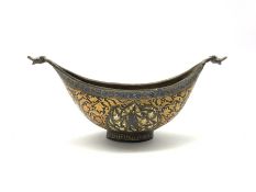 19th century Continental carved wooden kovsh or Beggars bowl with gilt and enamel foliate and bird d