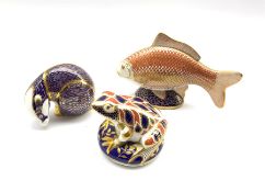 Royal Crown Derby 'Golden Carp' paperweight and two others 'Frog' and 'Badger' all without stoppers