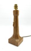 Thompson of Kilburn 'Mouseman' adzed oak table lamp with octagonal stem on a leaf carved square base