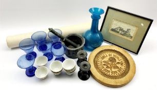 Egyptian blue glass water set of jug and six glasses, pottery pestle and mortar, seven tea bowls etc