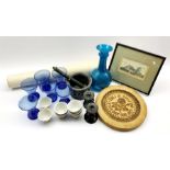 Egyptian blue glass water set of jug and six glasses, pottery pestle and mortar, seven tea bowls etc