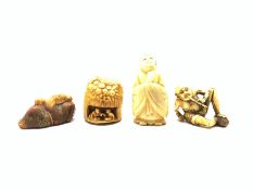 Group of early 20th century Japanese Netsukes comprising a carved ivory figure of a Scholar wearing