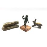 Small bronze figure of a cherub holding a bow on a marble base H9cm, resin figure of an otter W11cm