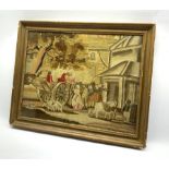After Morland-Early 19th Century woolwork picture on silk with horse and cart, figures, dog and pony