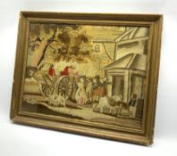 After Morland-Early 19th Century woolwork picture on silk with horse and cart, figures, dog and pony