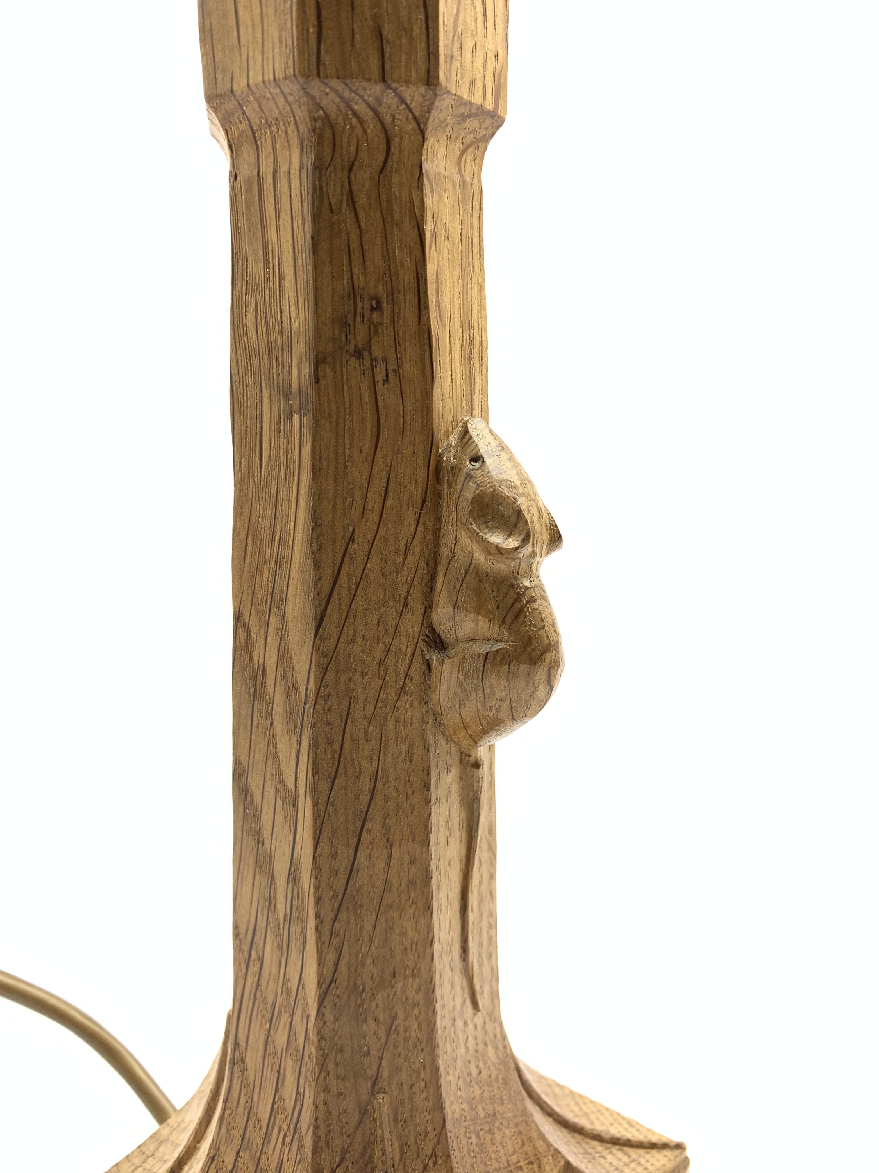 Thompson of Kilburn 'Mouseman' adzed oak table lamp with octagonal stem on a leaf carved square base - Image 5 of 5