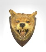 Taxidermy - Fox mask with mouth agape on an oak wall shield