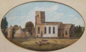 English Primitive School (19th century): Cattle before a Church, watercolour unsigned 34cm x 56cm