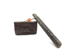 19th century Japanese snakes-skin tobacco pouch (tabako-ire) with bronze mae-kanagu in the form of