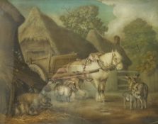 Benjamin Zobel (German/British 1762-1830): Animals in the Farmyard, 'Marmotinto' sand picture signed