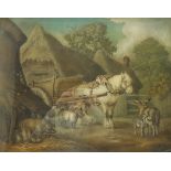 Benjamin Zobel (German/British 1762-1830): Animals in the Farmyard, 'Marmotinto' sand picture signed