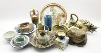 Collection of studio pottery to include a Danish stoneware basket with cane handle, a glazed bowl wi