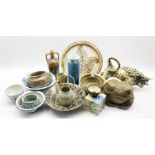 Collection of studio pottery to include a Danish stoneware basket with cane handle, a glazed bowl wi