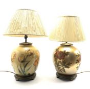 A near pair of glass table lamps having floral decoration on lustre ground, with pleated shades, H66
