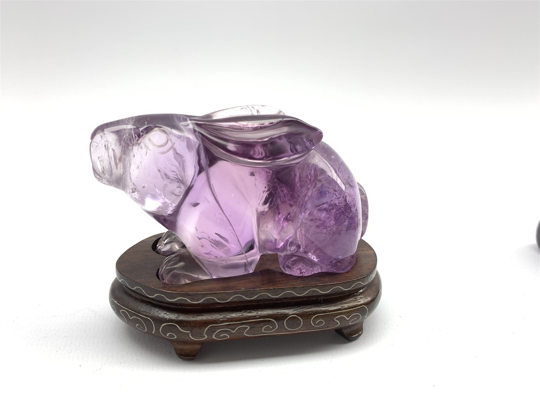 Oriental amethyst glass rabbit on a wooden stand W9cm and an early 20th century carved ivory figure - Image 6 of 11