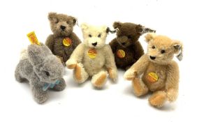 Five miniature Steiff teddy bears and animals to include four bears and rabbit 'Hoppy', all having o