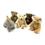 Five miniature Steiff teddy bears and animals to include four bears and rabbit 'Hoppy', all having o