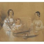 J P Petal (British 19th century): Mother and Daughters Playing a Game, watercolour and pastel indist