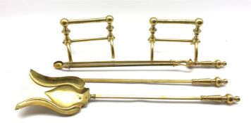 Early 20th century brass three-piece companion set together with a pair of brass fire dogs by Benha