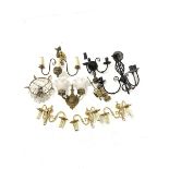 Gilt metal circlet light fitting hung with lustre drops, four various wall lights, reproduction Whit
