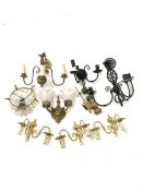 Gilt metal circlet light fitting hung with lustre drops, four various wall lights, reproduction Whit