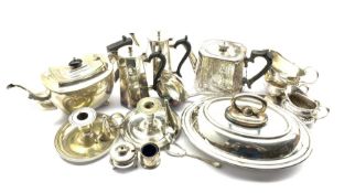 Quantity of plated items including oval entree dish and cover, coffee pot and hot milk jug, two tea