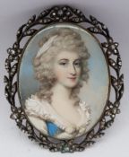Attrib. George Engleheart (British 1750-1829): Lady in a Powdered Wig and White Dress, portrait mini