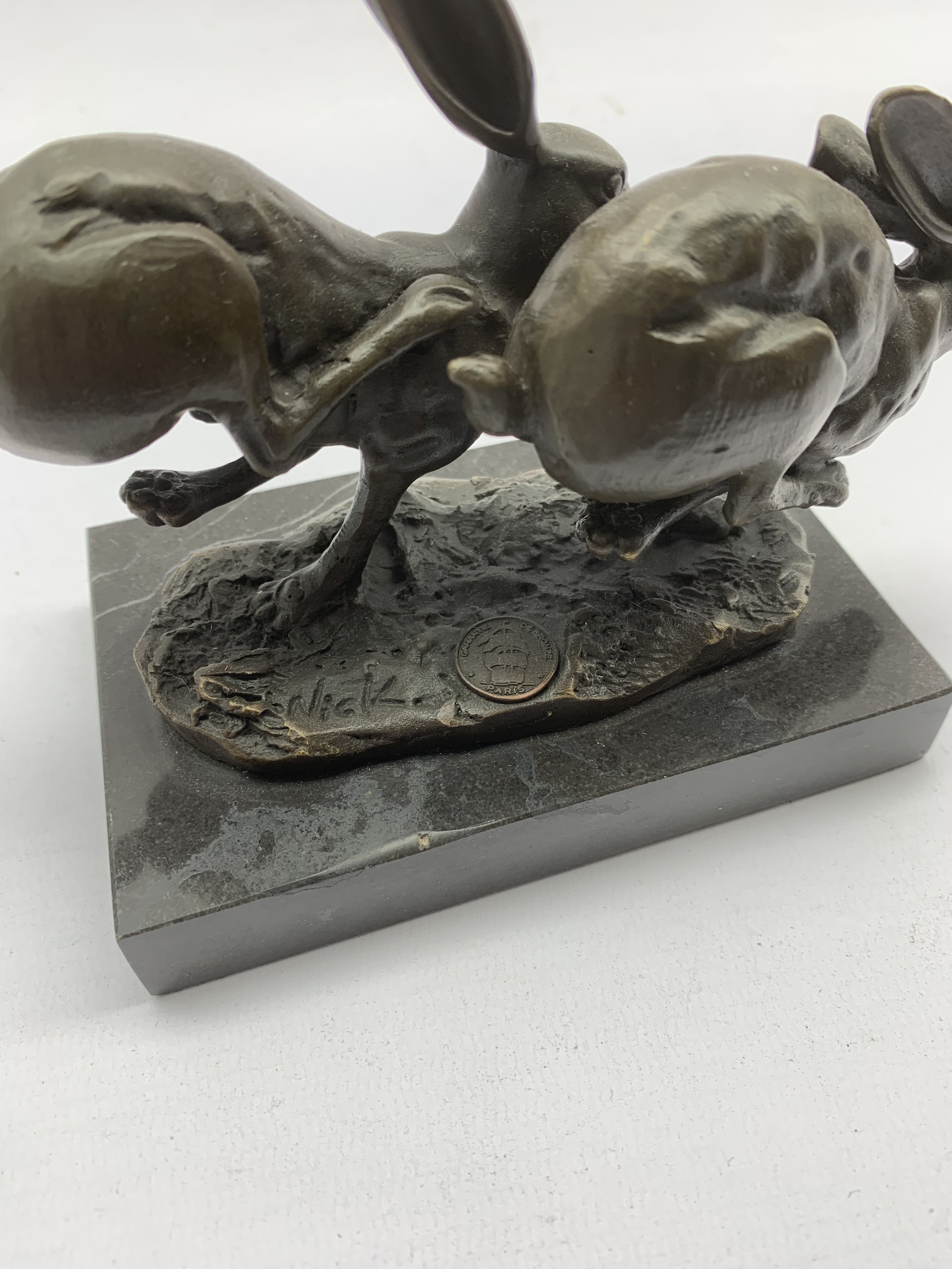 Bronze figure group, modelled as two hares in chase, signed Nick and with foundry mark, raised upon - Image 3 of 3