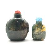 Chinese moss agate style snuff bottle with ring handles and cinnabar stopper, H8cm together with a s