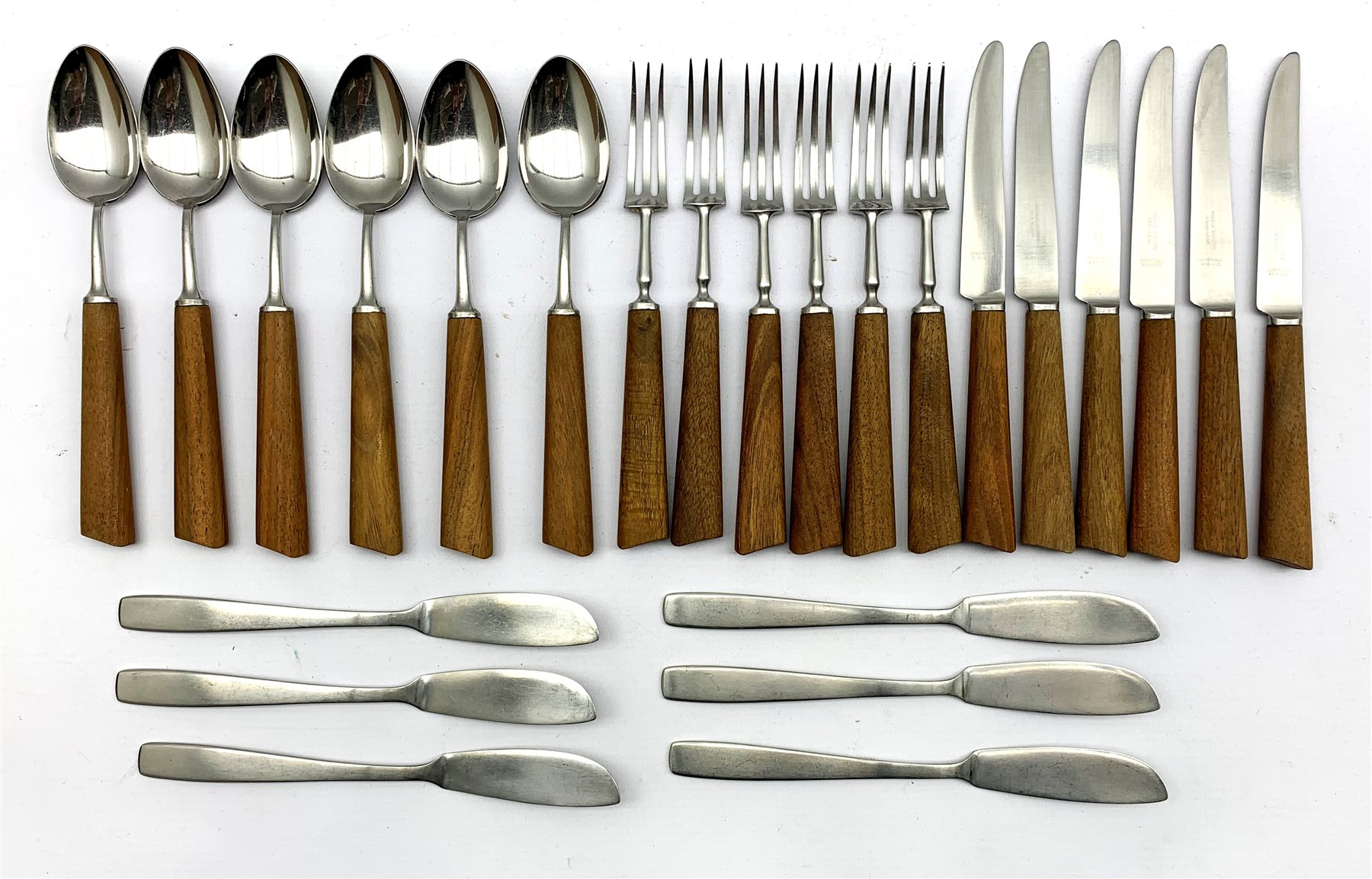 Set of 1960s stainless steel and teak handled cutlery by Mills Moore comprising six knives and forks