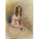 Fran�ois Th�odore Rochard (French 1798-1858): Lady in a Pink Dress Holding a Sprig of Flowers, octag