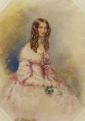 Fran�ois Th�odore Rochard (French 1798-1858): Lady in a Pink Dress Holding a Sprig of Flowers, octag
