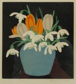 John Hall Thorpe (British 1874-1947): Crocuses and Snowdrops in a Blue Vase, woodcut signed in penci