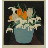 John Hall Thorpe (British 1874-1947): Crocuses and Snowdrops in a Blue Vase, woodcut signed in penci