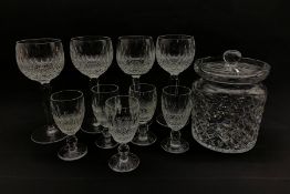 Four Waterford crystal Colleen pattern wine glasses, four matching liqueur glasses and a cut glass b