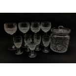 Four Waterford crystal Colleen pattern wine glasses, four matching liqueur glasses and a cut glass b