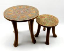 East African Kamba stool, the circular top with beaded decoration D36cm and another with animal and