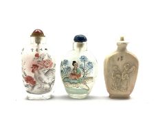 Two Chinese inside-painted glass snuff bottles, together with an early 20th century ivory snuff bott