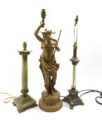 Gilded spelter table lamp in the form of a classical figure on a circular base H60cm, an onyx table