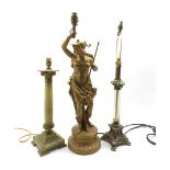 Gilded spelter table lamp in the form of a classical figure on a circular base H60cm, an onyx table