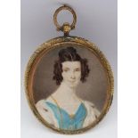 English School (19th century): Lady with an Ermine Stole, portrait miniature unsigned, locks of hair