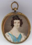 English School (19th century): Lady with an Ermine Stole, portrait miniature unsigned, locks of hair
